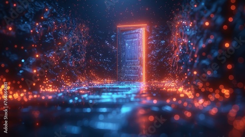 A futuristic science fiction concept of an open door. Wireframe glowing technology portal on a blue background.