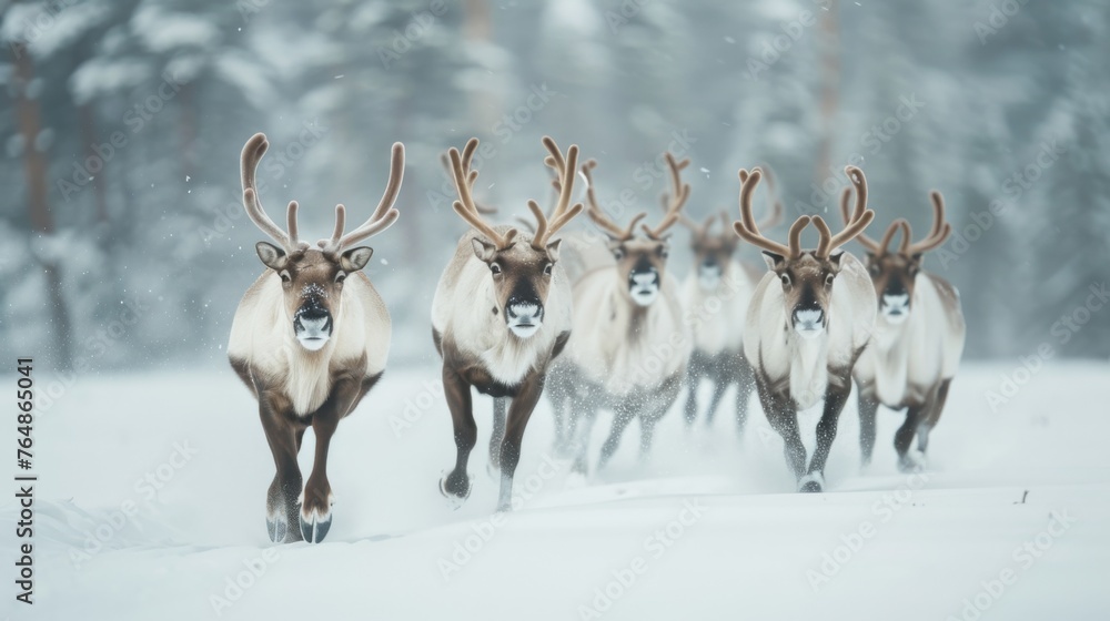 Obraz premium Reindeers running in snowy field
