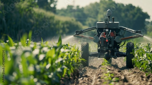 Robot herbicide sprayer working in agricultural field photo