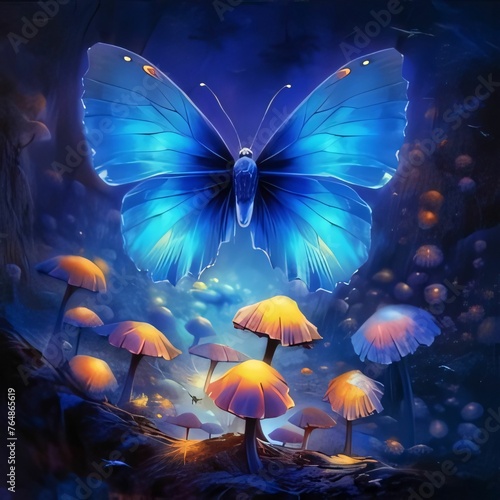 3D illustration of a blue butterfly in the forest surrounded by mushrooms