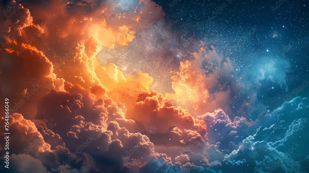 Fantasy sky filled with fluffy, glowing clouds under stars
