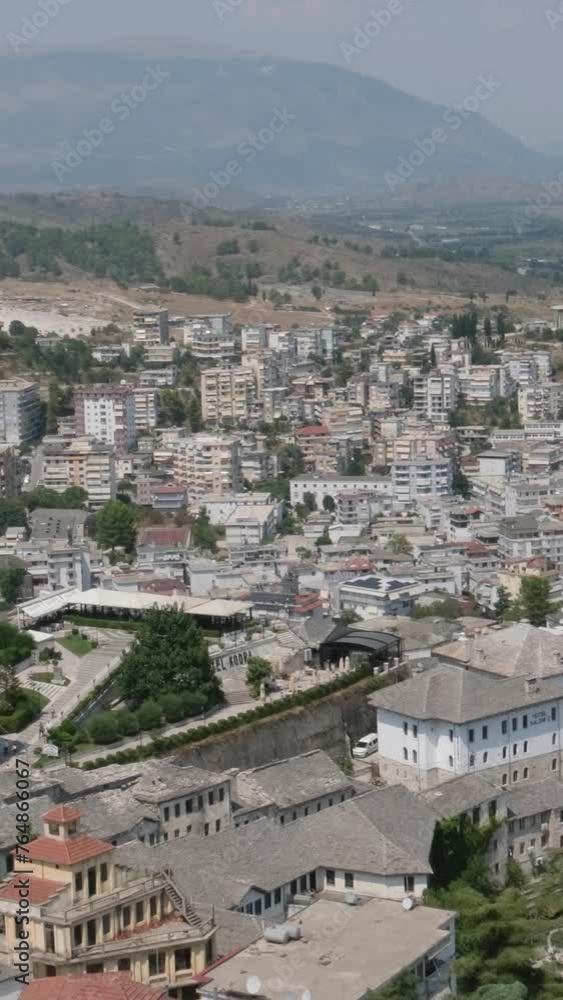 City of Gjirokaster in Southern Albania. Old Town is a UNESCO World Heritage Site. Closeup of Architectural Buildings.