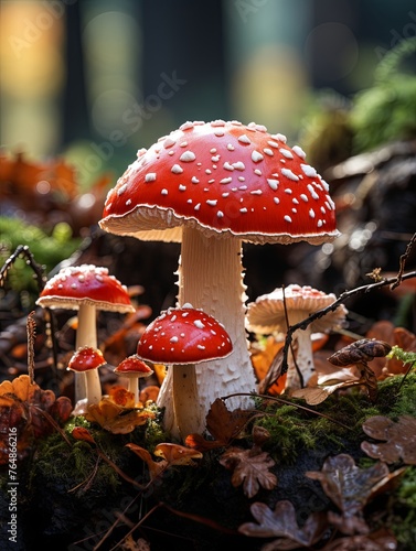 A single red Amanita Mushroom in the forest. A vibrant red Amanita mushroom stands alone amid autumn leaves on the forest floor. Generative AI.