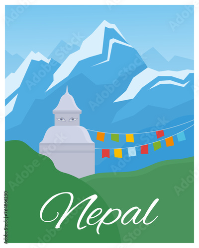 Nepal, Buddhist stupa in the mountains of Nepal. Himalayas. Flat vector illustration. Poster and card design. 