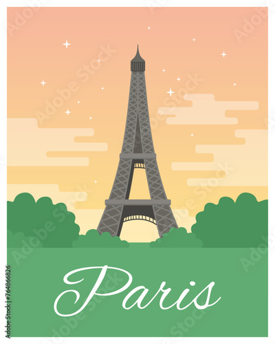 Eiffel Tower in Paris. Champs Elysees. Evening Paris, sunset in France. Flat vector illustration. Poster and card design. Tourist place.