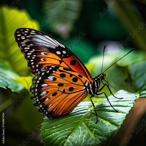 Butterfly on the leaf in the garden, nature background.