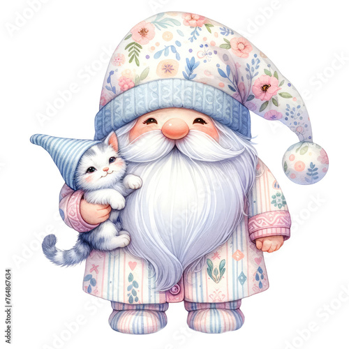 Gnome Holding Kitten, Watercolor Clipart Depicting Affection and Companionship