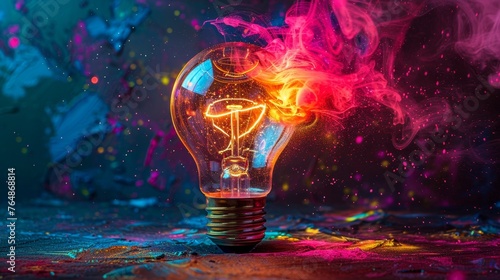 Swirling colorful energy envelops a bright light bulb