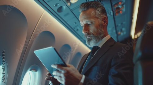 Senior businessman is using a tablet on the airplane