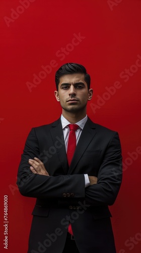 A serious-looking executive portraying determination on a bold red backdrop.