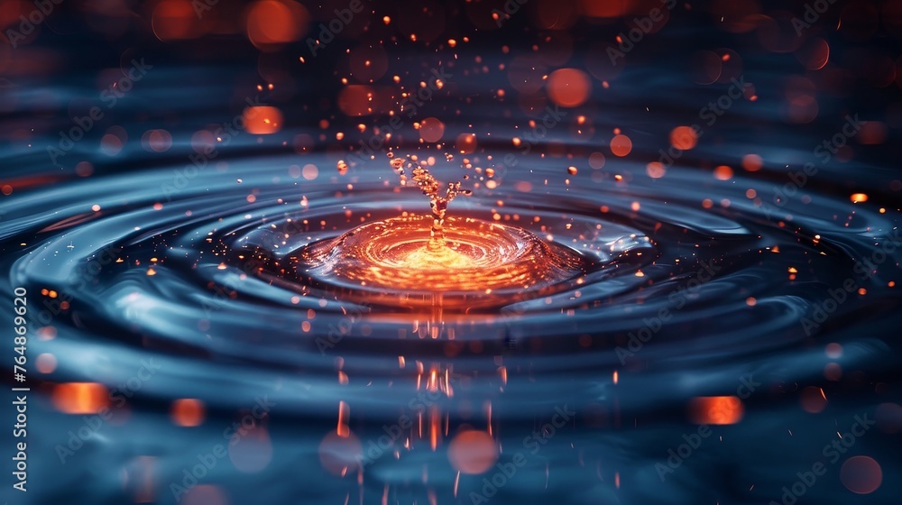 Illustration of a liquid splash on a dark background. Circular wave perspective view.