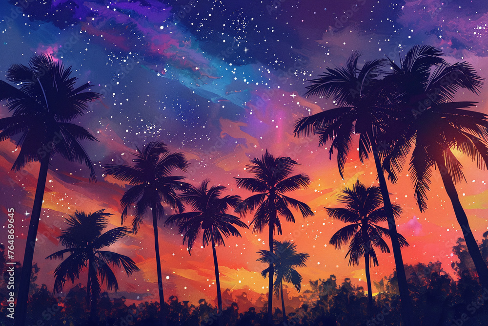 Galactic Dusk Among Palms, A Vivid Sky Blending with the Cosmic Expanse