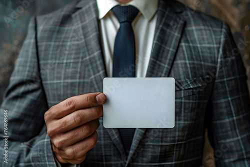 Professional Man in Suit Offering Blank Business Card in Modern Office Setting photo