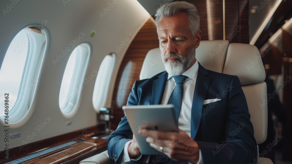 Senior businessman is using a tablet on the airplane Senior businessman is using a tablet on the airplane