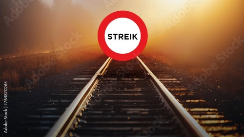 Ein Schild mit Streik auf einer Zugstrecke photo