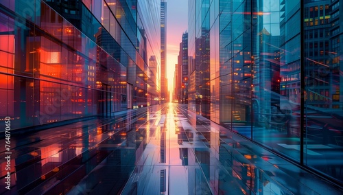 futuristic cityscape with glass buildings reflecting the sunset with the reflection of light on wet pavement 