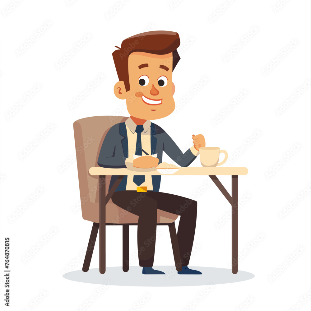 Businessman sitting at the table and drinking coffee. Vector illustration in cartoon style Businessman sitting at the table and drinking coffee. Vector illustration in cartoon style