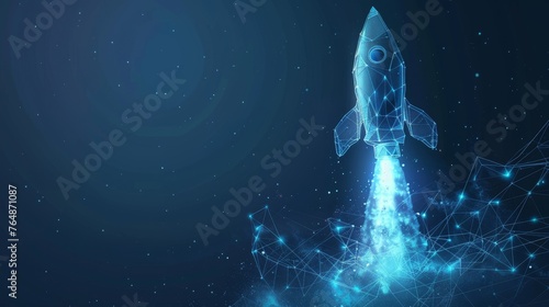 Rocket launch with graph growing up. Low poly style design. Business startup concept. Blue geometric background. Solid wireframe light connection structure Modern 3D graphic  illustration. photo
