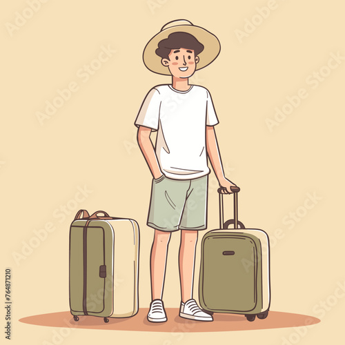 Vector illustration of a young man with suitcases on vacation. Cartoon style.