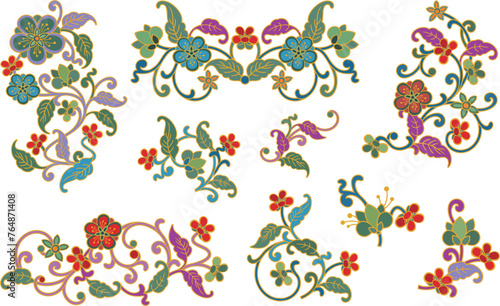 A set of vector floral ornamental designs in traditional Chinese style. Spring and summer decoration concept.	