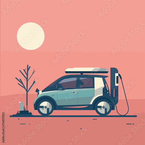Electric car on the road. Vector illustration in flat design style.