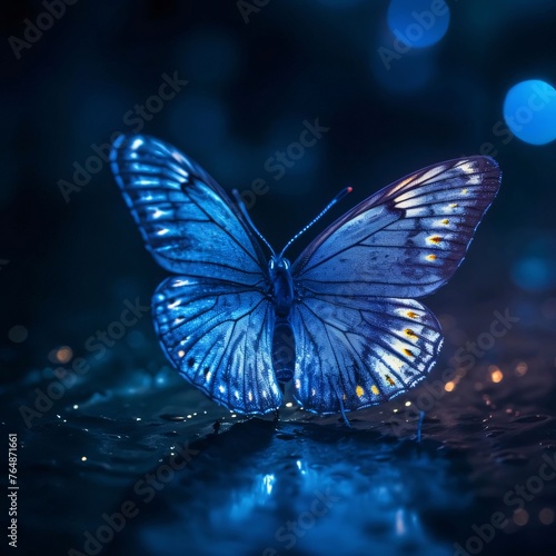 Beautiful blue butterfly with bokeh lights on dark background.