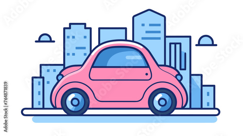 Vector illustration of a pink car on the background of the city.