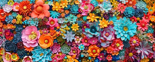 wall completely adorned with multicolored paper flowers, offering a feast for the eyes with its bright hues