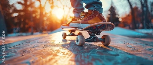 Extreme sports in skateboarding. Technology concept in skateboarding. Abstract low pole style background.