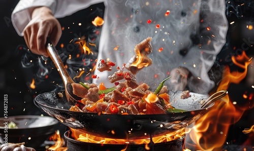 chef's hands as they expertly toss a vegetable stir-fry in a pan amid towering flames in a kitchen