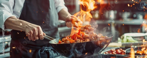 chef s hands as they expertly toss a vegetable stir-fry in a pan amid towering flames in a kitchen