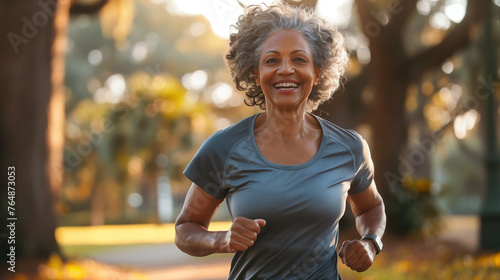 Smiling senior African American woman enjoying a healthy run outdoors.