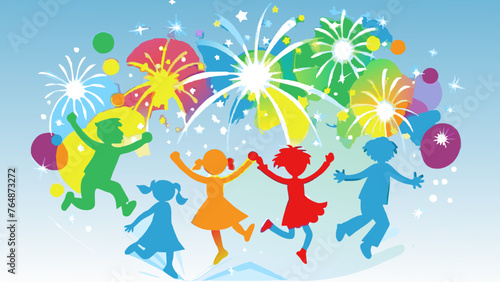 Vibrant Celebration: Kids Jumping with Colorful Fireworks on Blue Background