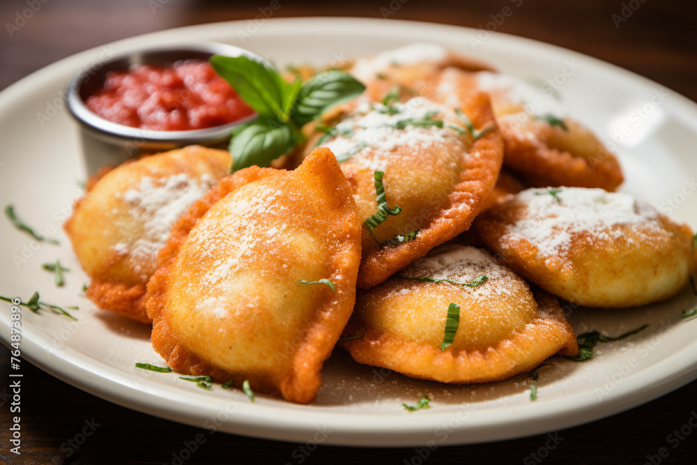 A plate of fried ravioli stuffed with cheese. A plate of fried ravioli stuffed with cheese.