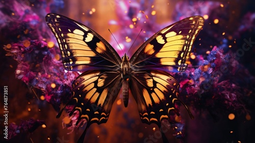 Butterfly on Beautiful butterfly on a background of purple flowers. 3d rendering the background of flowers. © Hawk