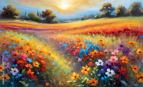  beautiful wild flowers against the background of sunrise. flowering field painted with oil paints photo