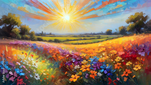  beautiful wild flowers against the background of sunrise. flowering field painted with oil paints photo