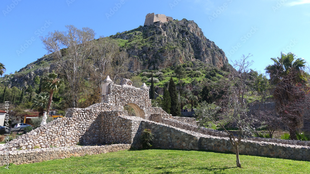 Lion gate below iconic fortress of Palamidi in city of Nafplio, Argolida, Peloponnese, Greece