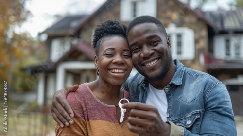 Happy couple is holding a key in front of their new house
