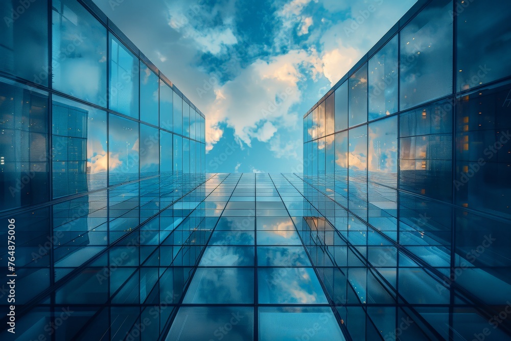 A worm's eye perspective of a gleaming glass skyscraper stretching infinitely into a blue cloudy sky, reflecting ambition and innovation A worm's eye perspective of a gleaming glass skyscraper stretching infinitely into a blue cloudy sky, reflecting ambition and innovation