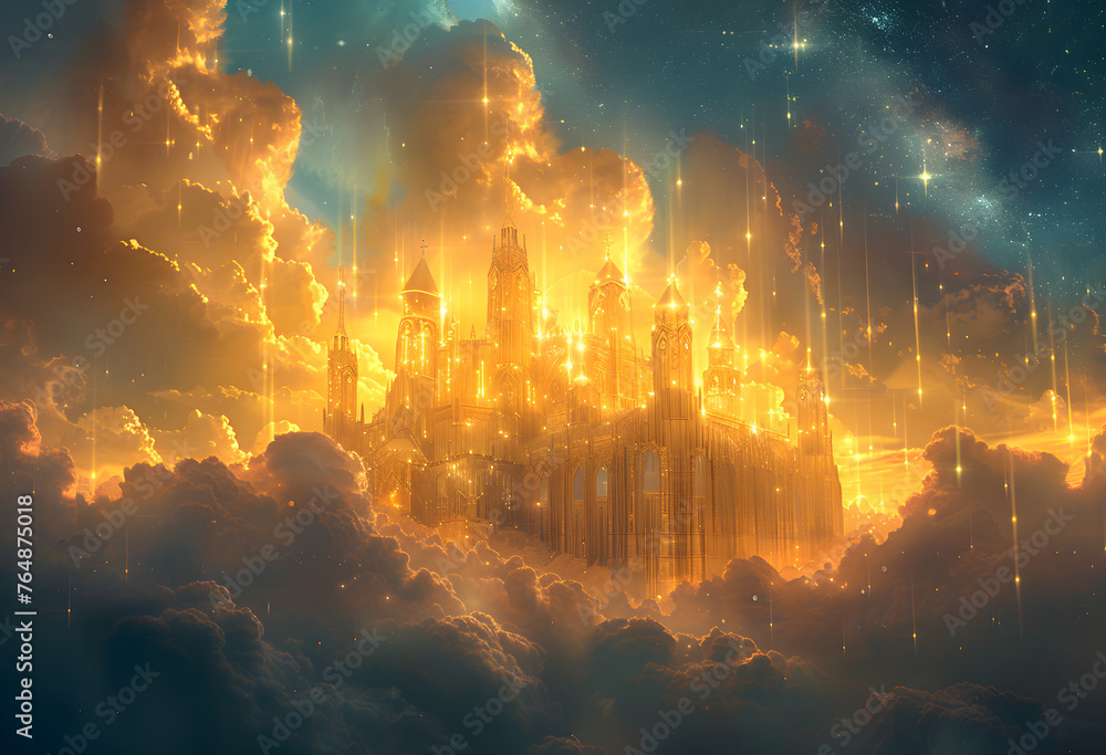 Fototapeta premium Golden city in the sky, Christian illustration of New Jerusalem