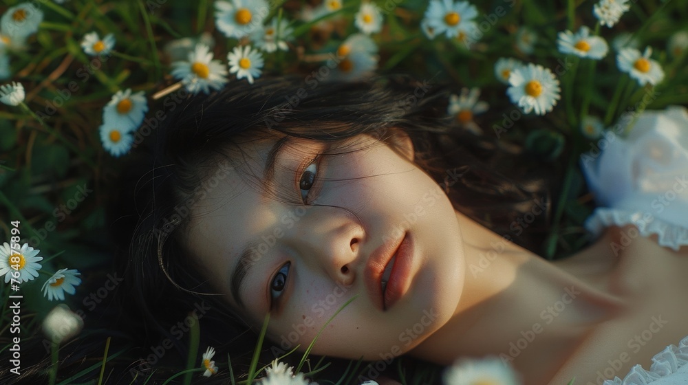 an asiatic woman lying on the grass with daisies an asiatic woman lying on the grass with daisies