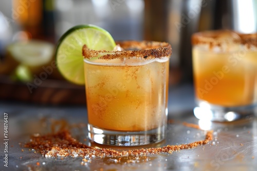 A chilled spicy margarita on a table with a lime garnish and a salted rim. photo