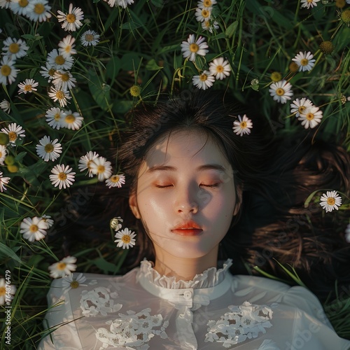 a young chineese woman leing calm on the grass in spring photo
