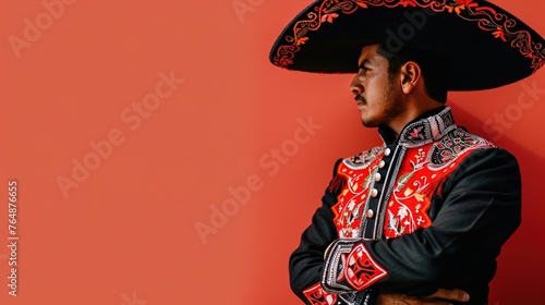 Man in traditional Mexican attire stands proud against a red background.