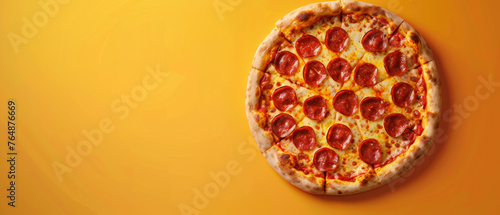 Pepperoni pizza on warm orange background.