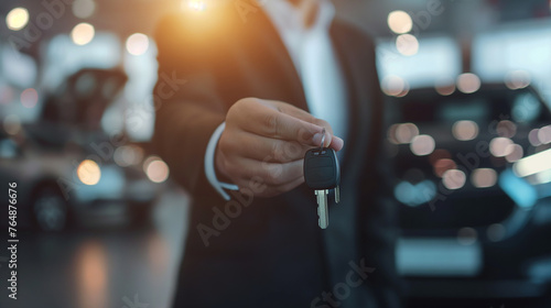 salesman handing over your new car keys, dealership and sales concept, new car in background, advertise for rent or sales photo