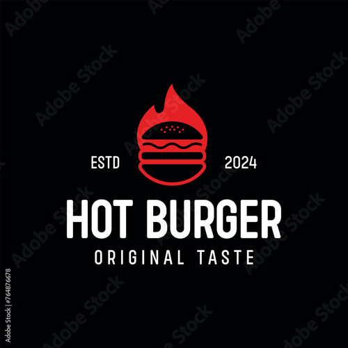 Fast Food Hot Burger Vector Flat Modern Logo, Label or Emblem Design on Black Background. Simple Burger and Fire Symbol for Cafe, Bar, Restaurant, Menu, Banner, Web.