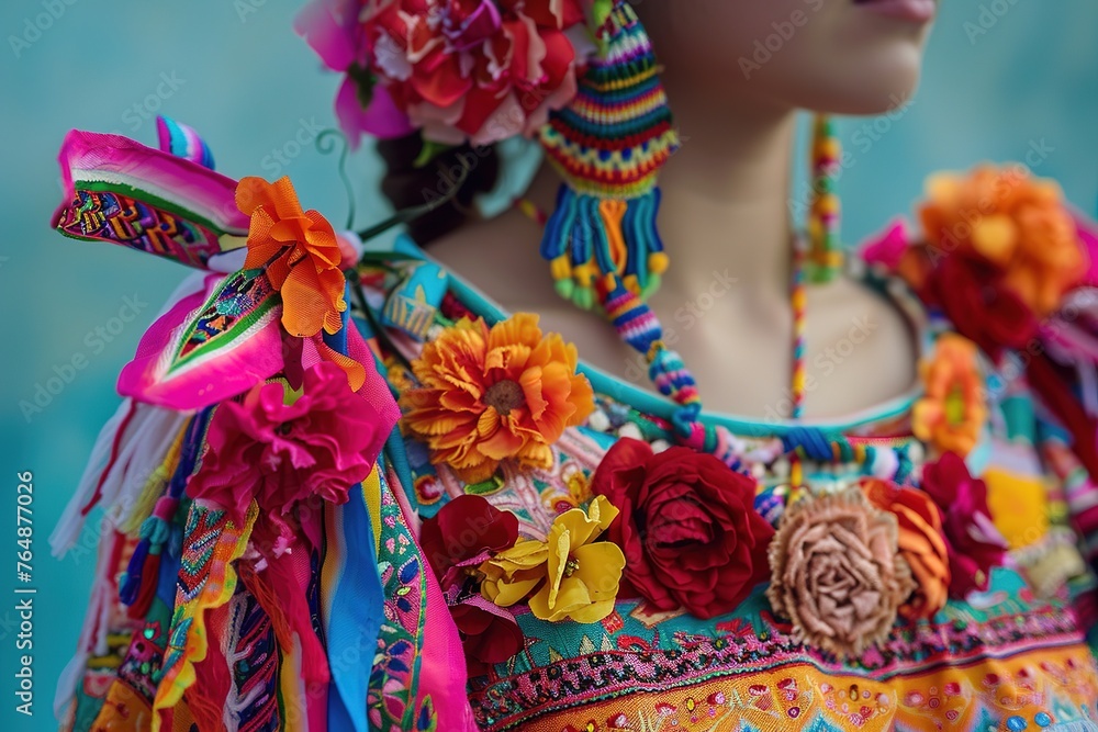 Colorful traditional dress details with vivid flowers and embroidery.