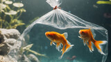 goldfish in  in clear plastic bag in aquarium